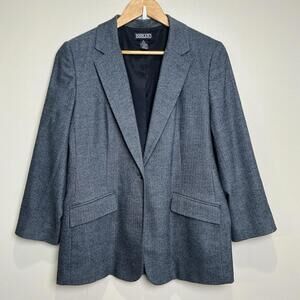 Lands End One Button Wool Blazer Blue Preppy‎ Academia Jacket Sz 14 Herringbone